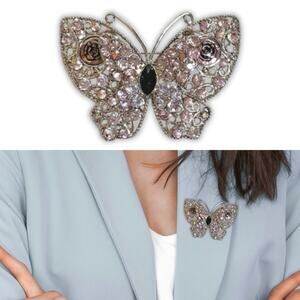 Butterfly Brooch Vintage Silver Tone & Pink Rhinestone Pendant Flower INLAY